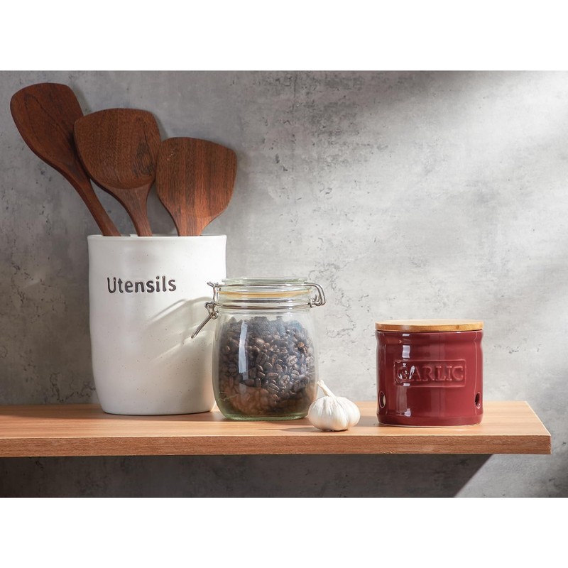 ONEMORE Garlic Keeper with Lid, Ceramic Garlic Saver 4 inch,