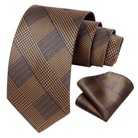 Hisdern Tie for Men, Wedding Tie with Pocket, Square, Classic, Plaid Houndstooth Business Tie, with Handkerchief, brown