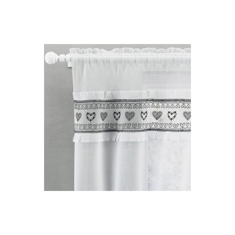 Tyrone Textiles Lucy Embroidered Heart Black Kitchen Window Set Curtain
