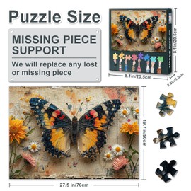 Vintage Butterfly Puzzle for Adults 1000 Pieces, Flowers on the Old Paper Jigsaw Puzzles, Impossible Challenge Puzzles, 19.5 x 27.5 Inch