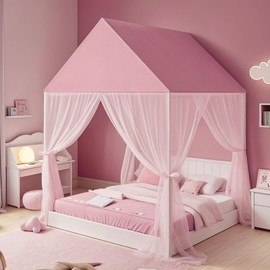 ZRVTM Princess Bed Canopy for Girls - Pink Bed Canopy Princess Castle Dreamy Playhouse Mosquito Net Reading Nook Canopies Play Tent Canopy Bed Curtains for Kids Room(Twin,Pink)