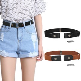 Tomtary 2 Pcs No Buckle Belts for Women Men, Invisible Elastic Waist Belt Retro Vintage Leather Belt Adjustable Stretch Belts for Jeans Pants Dress