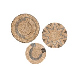 All Across Africa Wall Plate Set of 3, Boho Wall Decor, Natural Raffia Hanging Woven Wall Basket Decor with Easy Hang Loops - Arona, Light Blue