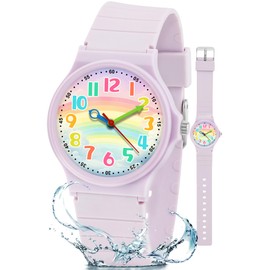 GUUMUXIN Children's Watch Boys Girls, Children's Watch Analogue, 30 m Waterproof Learning Time Watch, Soft TPU Strap, Outdoor Sports Watch, Suitable for 4-12 Years Old, light purple
