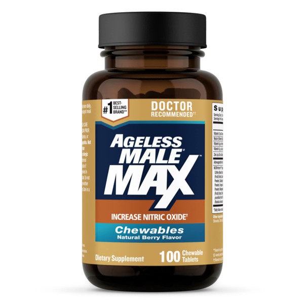 Ageless Male Max Chewable Nitric Oxide Booster Supplement for Men – High Potency Ashwagandha Extract to Boost Workouts, Muscle & Performance, Reduce Stress, Support Sleep (100 Chews, 1-Bottle)