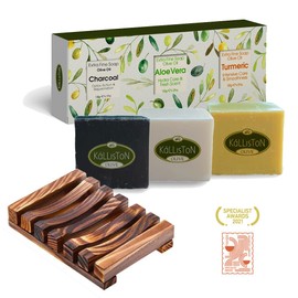 Kalliston, Extra Fine Olive Oil Soap, Charcoal, Aloe, Turmeric, Natural Hydrating for sensitive cracked dry skin, Therapeutic, Healing Bar soap, 4.5 oz Each (Set of 3 with Wooden Dish)