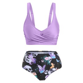 DRESSFO Women's High Waisted Bikini Sets with Cover Up Skirt 3 Piece Gothic Skull Swimsuit Padded Tummy Control Bathing Suit