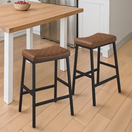 Compsia Counter Height Bar Stools Set of 2, Barstools with Thick PU Leather Saddle Seat & Black Metal Legs,24Inch Kitchen Counter Stools,Brown