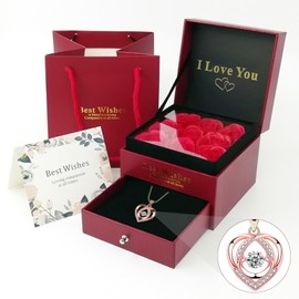 Conjunto de Caja de Regalo de Flor de Roja Rosa Eterna con Collar para de La Bella y la Bestia con 9 Rosas Flores de Regalos para Mamá,Romántico Regalo para Mujer, San Valentín, Navidad (Rojo)