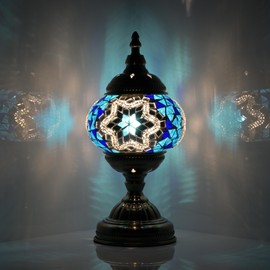 GOGERS Turkish Moroccan Table Lamp Lantern with Handmade Mosaic Glass Lampshade Tiffany Style Bohemian Stained Glass Decorative Desk Lamps Bedside Night Lights for Bedroom (Blue White)