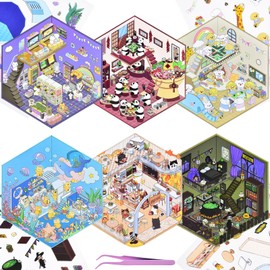 6 Sets DIY 3D Fun Mini House Scenes Stickers with Tweezer Make Your Own Dog Coffee E-Sports Room Hot Pot Restaurant Aquarium Stickers Scenes Cute Micro Stickers for Relief Stress Pass The Time