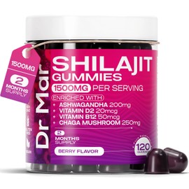 Premium Shilajit Gummies MAX 1500mg - 120 Gummies - 200mg Ashwagandha + 250mg Chaga Mushroom + 20mcg D2 + 50mcg B12 (2 Months Supply)
