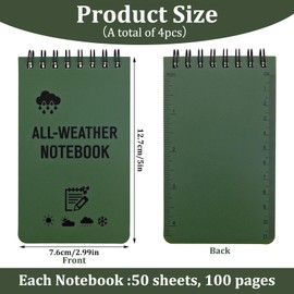 HaoHanEup 4 Pack Mini Waterproof Notebook, 3x5in Pocket Notepads, All-Weather Memo Pads with Top-Spiral, Grid Paper Tactical Steno Pads, 50 Page Military Mini Notebook for Office, Outdoors