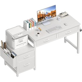 Lufeiya White Computer Desk with Fabric File Drawers Cabinet, 57 Inch Home Office Desks with Reversible Filing Cabinet Printer Stand for Small Space, Study Writing Table PC Vanity Desks, White
