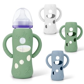 BUSOHA 3 Pack Silicone Sleeves for Lansinoh Glass Bottles - Wide Neck Baby Bottle Sleeves for Lansinoh Bottles Baby Anti-Colic Bottle Holder with Handle Anti Breakage Silicone Protector,8 oz