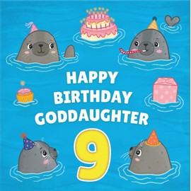 Hunts England - Goddaughter 9th Cute Seals Birthday Card - Happy Birthday - Goddaughter - 9 - Childrens - Kids Birthday Card - Seals At A Birthday Party - Ocean Collection - Fun Card