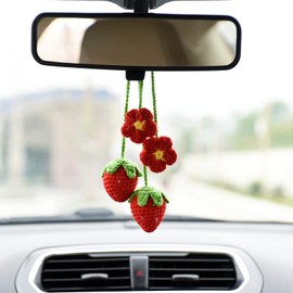 Car Interior Rear View Mirror Ornament Hanging Accessories Handmade Aesthetic Decor Crochet Strawberry Plant, 2 PCS
