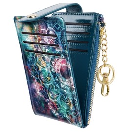 Simikol Slim Card Holder Wallet for Women RFID Blocking Leather Multi Card Bifold Wallet with Tassel Zipper Coin Pocket, Mandala, with Keychain, Compact