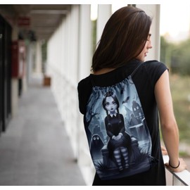 EZB Wednesday Black and White Drawstring Bag | 36x30cm Midi Sized Backpack | Multi-Use: Sports Kits, PE Kits, Gym, Lunch, Holiday, Beach, Pump Bag | Wednesday Cartoon Bag
