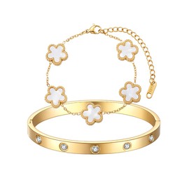 AOWVUTS 2 Pcs Bracelets for Women 18K Gold Plated Crystal Bangle Cuff Five Leaf Clover Bracelet Set Adjustabl Stacking Flower Bangle Set Lucky Friendship Love Bracelet Jewelry Birthday Gift (White)