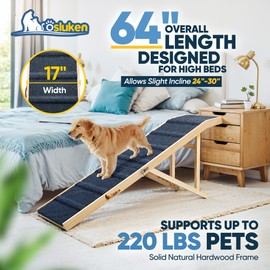 𝟐𝟎𝟐𝟓 𝐔𝐩𝐠𝐫𝐚𝐝𝐞𝐝 Dog Ramp for Bed, 64" Long Foldable Pet Ramp for Small Large Dogs, Dog Ramps for High Beds Car, High Traction with Platform 6 Adjustable Heights 24" to 30" Up to 220LBS, Wood