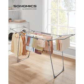 SONGMICS Clothes Drying Rack Foldable, Gullwing Laundry Drying Rack, Space-Saving, 22.2 x 68.1 x 38 Inches, Sock Clips, Metal Structure, for Clothes, Towels, Linens, Indoor, Outdoor Gray ULLR518G01