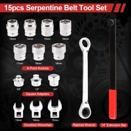 Feikenee 15PCS Serpentine Belt Tool Set, Professional Ratcheting Serpentine Belt Tensioner Tool for Removing and Installing Automotive Serpentine Belts