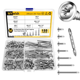 Mywish 155 Pieces #8x1/2, 5/8", 3/4", 1", 1-1/4", 1-1/2", 2" Self Tapping Screws for Metal 410 Stainless Steel Truss Head Self-Drilling Screws High-Strength Quick Tapping Screw, Self Tapping Screws