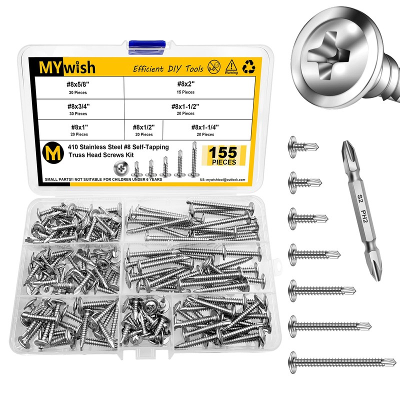 Mywish 155 Pieces #8x1/2, 5/8", 3/4", 1", 1-1/4", 1-1/2", 2"