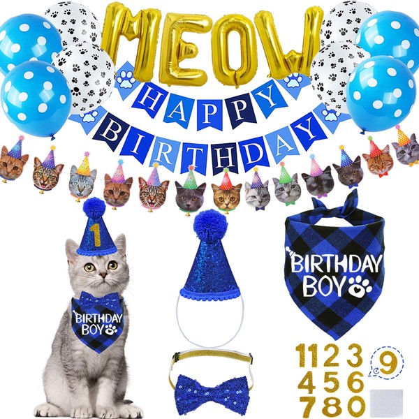 STMK Cat Birthday Party Supplies, Cat Birthday Hat Bandana Bow