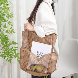 VesipaFly Mesh Beach Tote Bag for Women with Mini Pocket Foldable Pool Bag for Beach Vacation Swimming Travel Essentials (Khaki)