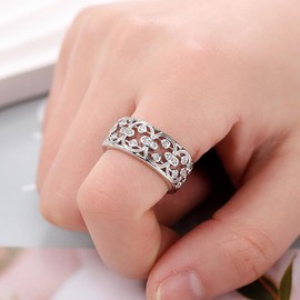 Vintage 18K Gold Plated Cubic Zirconia Hollow Design Flower Scroll Promise Ring Band 9mm Wide 925 Sterling Silver Eternity Statement Stackable Wedding Engagement Bands Gift for Women (Silver 9)