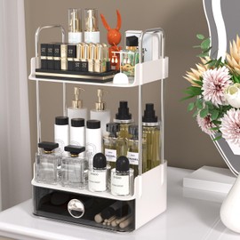 Bathroom Counter Organizer, 2 Tiered Organizer Countertop with Drawer, Makeup and Skincare Storage for Vanity, Desktop, Bathroom (White)