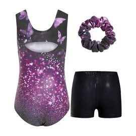 JiAmy Gymnastics Leotards for Girls, Sleeveless Sparkly Dance Biketards with Shorts Ballet Tumbling Outfit Sparkly Black Purple Butterfly 8-9 Years