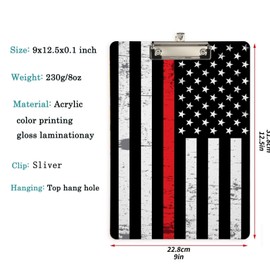 Fashion Acrylic Clipboards, USA Flag Support for Firefighters 12.5x9 Inch Standard Letter Size Low Profile Clip, Decorative Clip Board for Classrooms,Students, Doctor,Office, School, Nurses