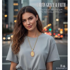 ROWIN&CO Virgin Mary Pendant Necklace 18K Gold Plated | Cubic Zirconia Oval Medal Religious Jewelry for Women & Men | Our Lady of Guadalupe Chain 20/24/30 Inch with Gift Box (Gold&Red White, 24 inch)