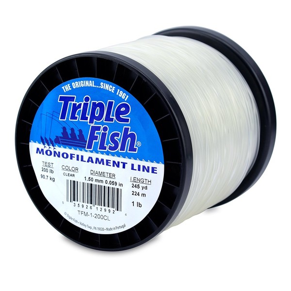 Triple Fish Mono Line, 200 lb (90.7 kg) test, .059 in (1.50 mm) diam, Clear, 1 lb (0.45 kg) Spool, 245 yd (224 m)