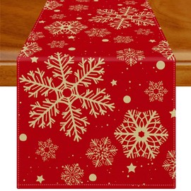 Jayusaror Christmas Table Runner Red Gold Snowflake Xmas Table Runner Seasonal Washable Winter Modern Linen Table Decorations for Party Holiday Kitchen Dining 33 x 183 cm