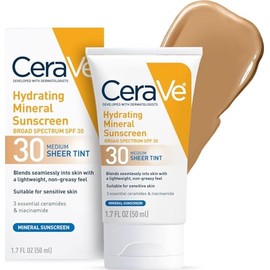CeraVe Protector solar mineral hidratante SPF 30 con tinte transparente, protector solar mineral tintado con óxido de zinc y dióxido de titanio, se me