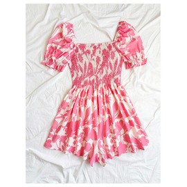 Milumia Women's Boho Floral Print Rompers Puff Short Sleeve Square Neck Short Jumpsuit Multicolor Large