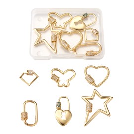 Pandahall 6Pcs Brass Mixed Shapes Screw Carabiner Lock Charms Clasps Golden Brass Micro Pave Clear Cubic Zirconia Keychain Clip Hook for Necklaces Jewelry Making