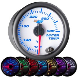 GlowShift White 7 Color 300 F Water Coolant Temperature Gauge Kit - Includes Electronic Sensor - White Dial - Clear Lens - for Car & Truck - 2-1/16" 52mm