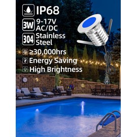 MALORY 3W Inground Pool Lights, Full Stainless Steel LED Underwater Swimming Light IP68 Waterproof Fountain Pool Accessories Lights (6-Packs Blue)