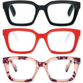 REAVEE 3 Pack Oprah Style Oversized Reading Glasses for Women Men Blue Light Blocking, Ladies Stylish RetroSquare Large Computer Readers (Black/Red/Pink Leopard 2.25x)
