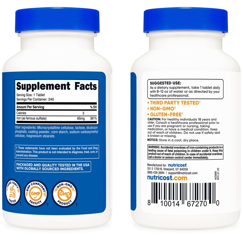 Nutricost Iron (As Ferrous Sulfate) 65mg, 240 Tablets - Non-GMO,