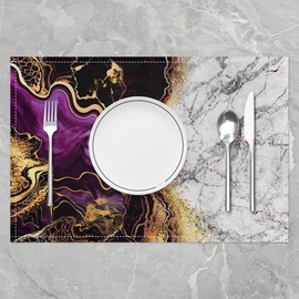 Marble Placemats 12x18 Set of 4 for Kitchen Dining, Purple Gold Marble Place Mats, Boho Watercolor Tie Dye Table Mats Waterproof, Marble Non Shedding Wipeable Placemats for Kids Girls Teens Women