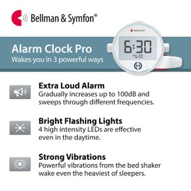 Bellman & Symfon Vibrating Alarm Clock Pro with Bed Shaker - Loud Alarm, Flashing LED Night Lights for Heavy Sleepers, Hard of Hearing and Deaf People - Alarm Clocks for Bedrooms with Backup Batteries