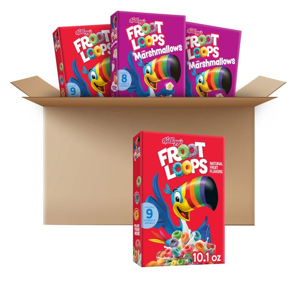 Kellogg's Froot Loops Kids Breakfast Cereal, Variety Pack, Froot Loops and Froot Loops with Marshmallows, 10.1 Ounce (Pack of 4)