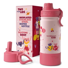 Bentoheaven Kids Water Bottle Stainless Steel for Boys & Girls, 2 Lids (Chug & Straw), Handle & Silicone Boot, Reusable Metal Leak-proof Insulated Tumbler, School & Sports 17oz (Pink)