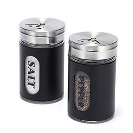 YEEPHENYEEVEE Salt and Pepper Shakers Stainless Steel and Glass Set with Adjustable Pour Holes (Black)